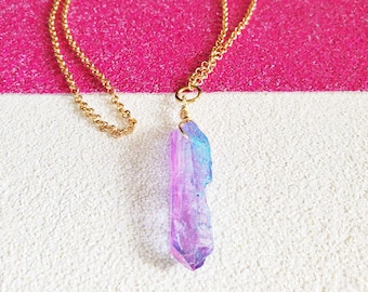 Pink + Blue Ombre Genuine Quartz Crystal Point Long Gold Necklace