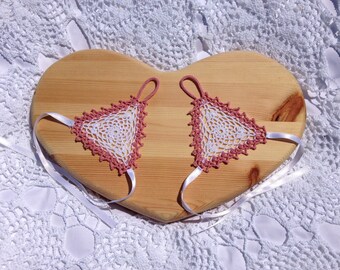 Pink & white crochet lace strappy fingerless gloves