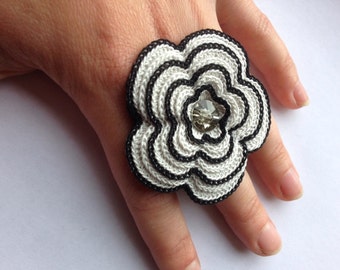Monochrome crochet rose statement ring in silver & black