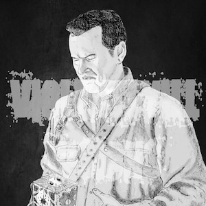 May include: A black and white drawing of a man holding a small, intricate box. The man is wearing a button-down shirt and a belt. The box has a skull design on the top.