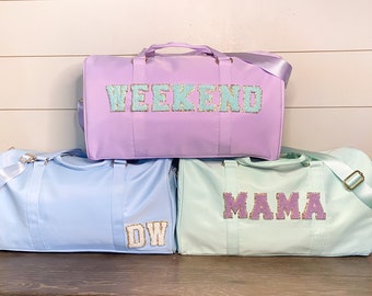 Custom Nylon Duffle Bag, Personalized Varsity Letter Bag, Colorful Travel Bag with Patches, Weekend Bag, Bridesmaid Gift, Overnight Bag