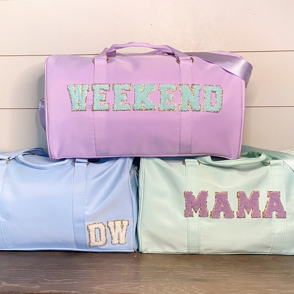 Custom Nylon Duffle Bag, Personalized Varsity Letter Bag, Colorful Travel Bag with Patches, Weekend Bag, Bridesmaid Gift, Overnight Bag