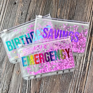 HEART CONFETTI Cash Zipper Envelopes , Custom Budget Envelopes with labels, Budget Planners, Money Management Pockets, 6 rings