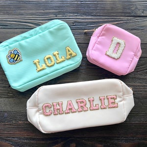 Custom Makeup Bag, Nylon Cosmetic Bag, Bridesmaid Gift Bag, Custom Varsity Letter Pouch, Personalized Travel Pouch with Zipper, Pastel Color