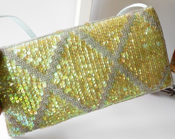 Vintage Green Beaded Evening Bag, Beads and Sequins, Green Clutch Handbag,  Special Occasion Bag EB-0615