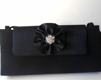 Vintage Black Taffeta Evening Bag, Rhinestone Flower Clutch