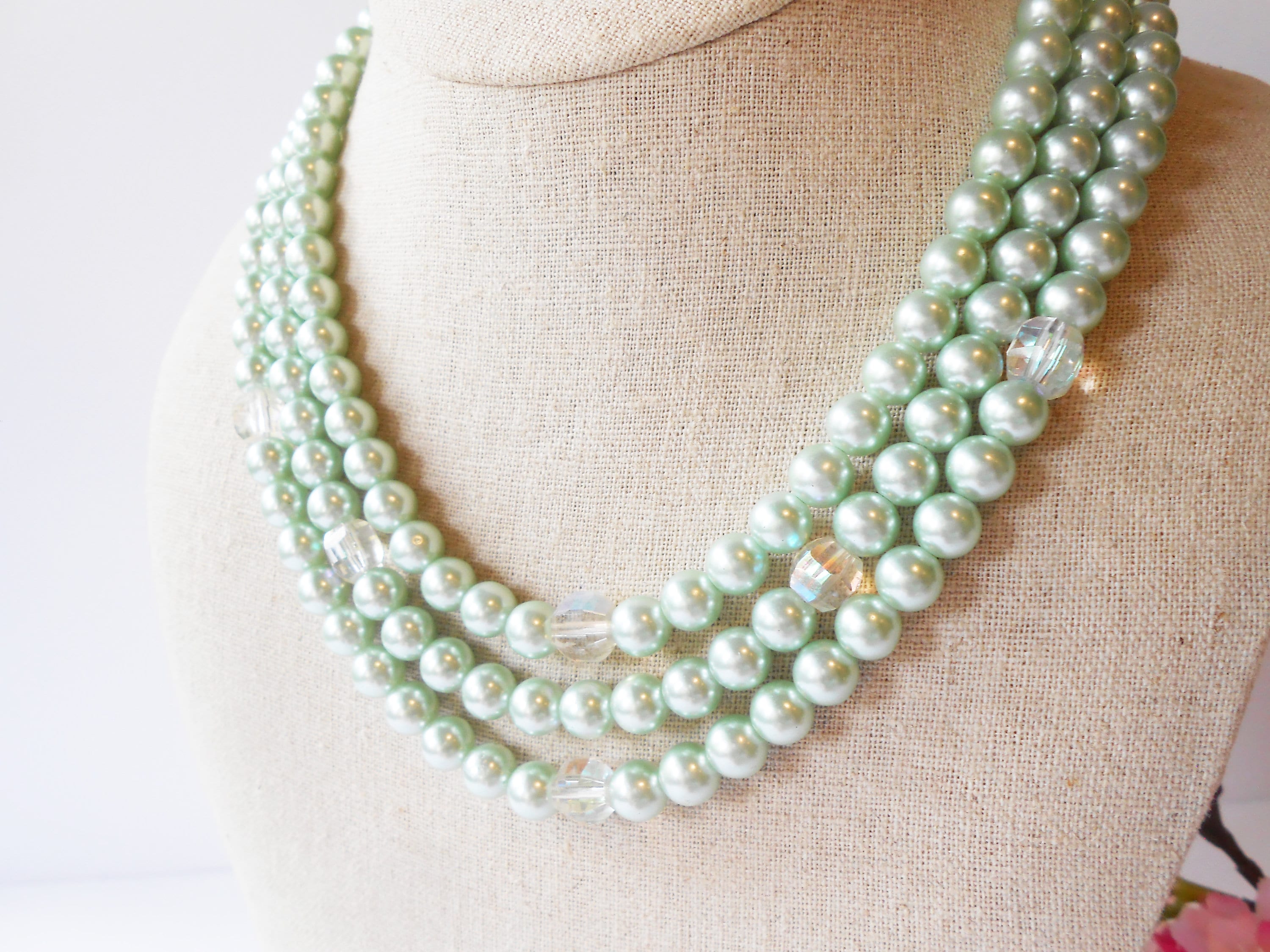Vintage Mint Green Pearl Necklace, Rhinestone Clasp, Triple Strand
