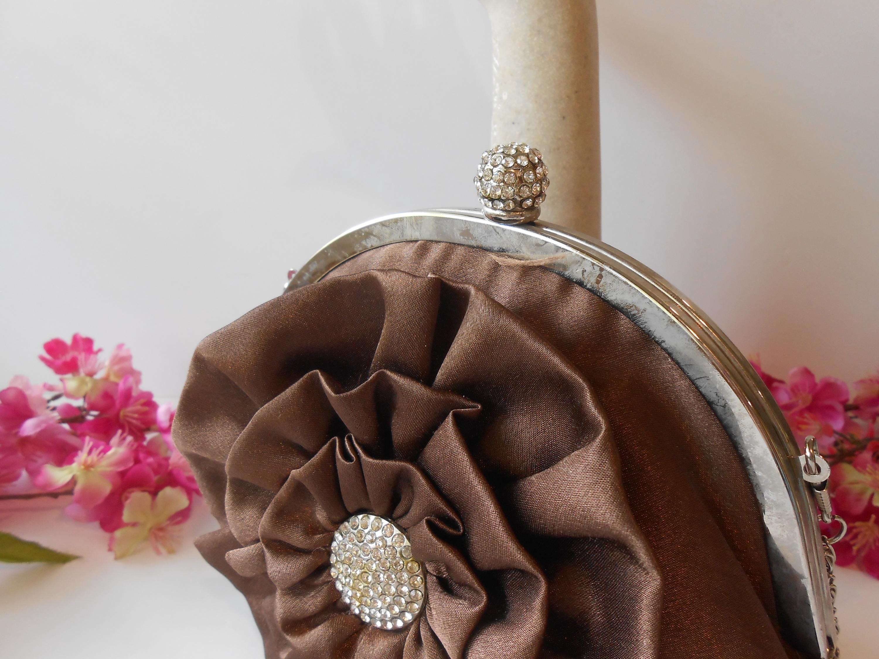 Brown tweed clutch w Gold-trim, Crystal Flower. Bag is sturdy and structured. Elegant Rose Flower Crystal Clutch Evening Bags for Women  main image 4