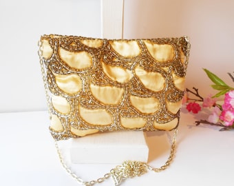Vintage Gold Beaded Evening Bag, Satin Clutch with Chain Strap