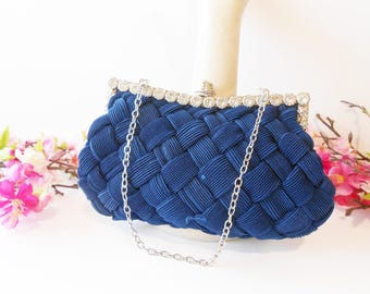 Vintage Blue Clutch Bag with Rhinestones, Evening Purse EB-0770