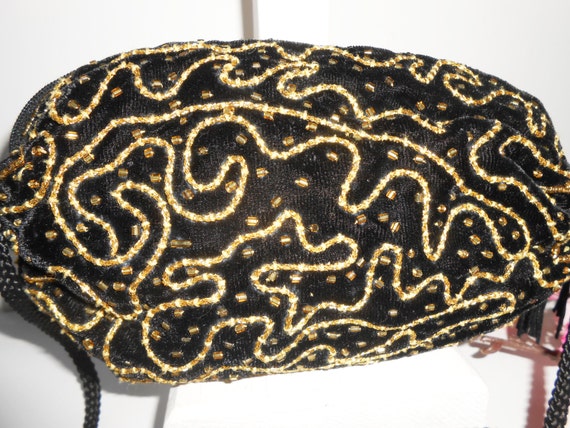 Vintage Black Evening Bag, Gold and Black Pouch H… - image 2