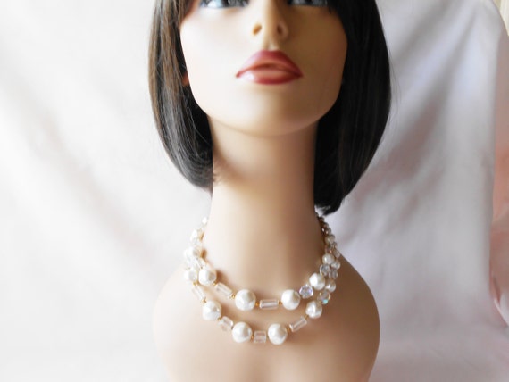 Pearl and Crystal Necklace, Double Strand Pearl N… - image 3