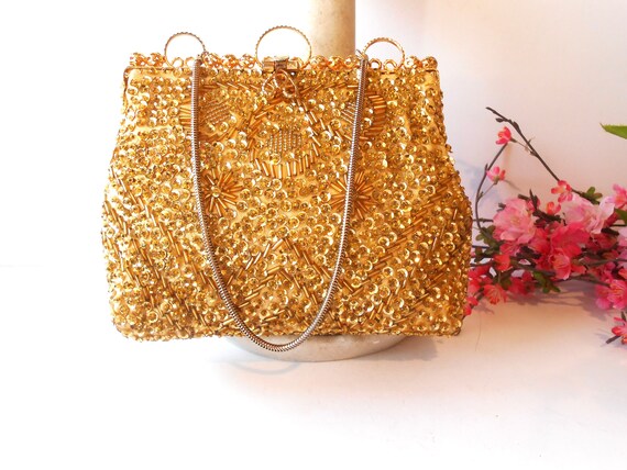 Gold Beaded Evening Bag, Gold Bead Clutch Bag, Af… - image 9