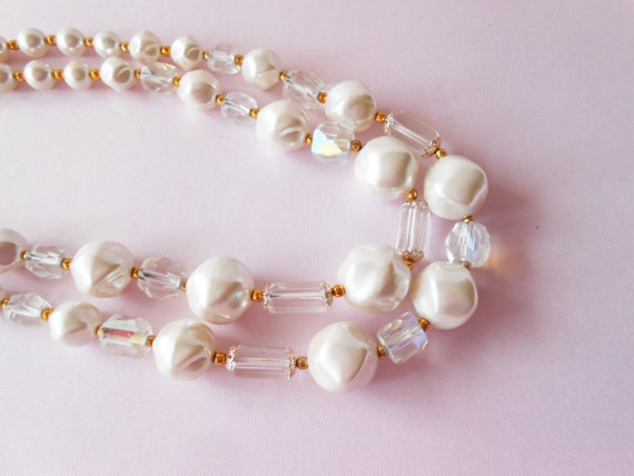 Pearl and Crystal Necklace, Double Strand Pearl N… - image 1