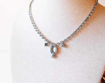 1950s Cornflower Blue Rhinestone Choker Necklace, Silvertone Prong Setting