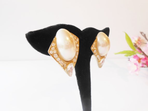 Vintage Pearl Earrings, Glamorous Faux Pearl Rhin… - image 5