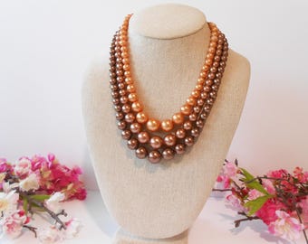 Vintage Triple Strand Pearl Necklace, Shades of Brown