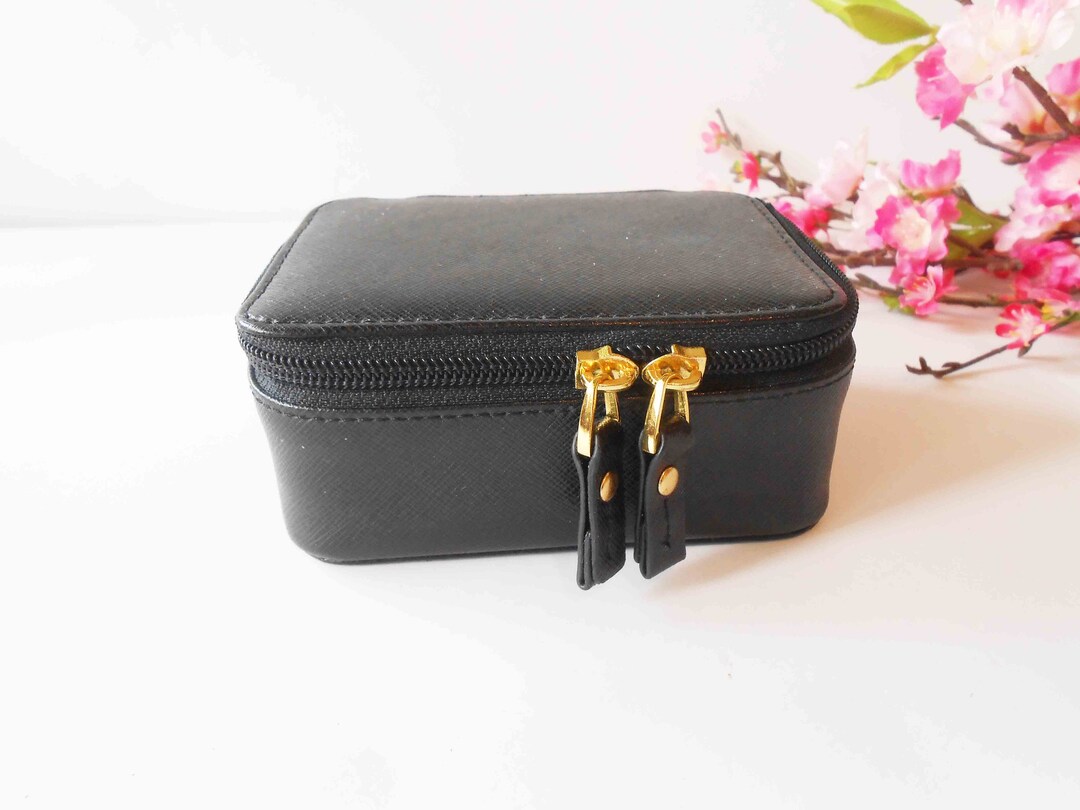 Black Leather Jewelry Case, Small Leather Jewelry Holder, Travel Jewelry Case, Holiday Gift Her