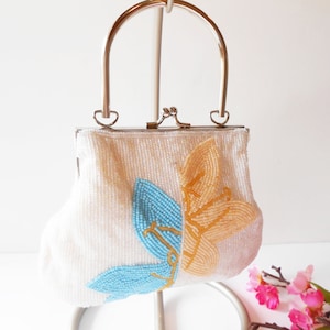 White Bead Evening Bag, Yellow Aqua Trim, Beaded Handbag, Daytime Bead Bag, Special Occasion EB-0226