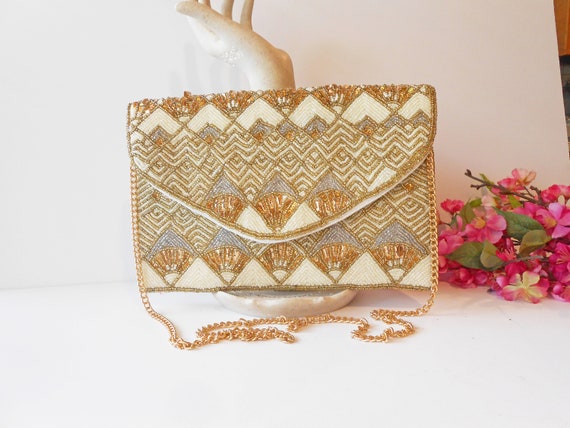 Stunning Pearl Gold Beaded Clutch Bag, Sparkly Evening Purse Gold