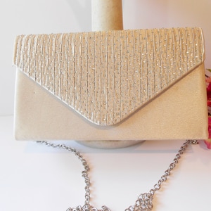Bolso de noche con cuentas color champán, deslumbrante bolso de mano neutro, detalles de diamantes de imitación, bolso After Five para madre novia, bolso de noche color champán EB-0741