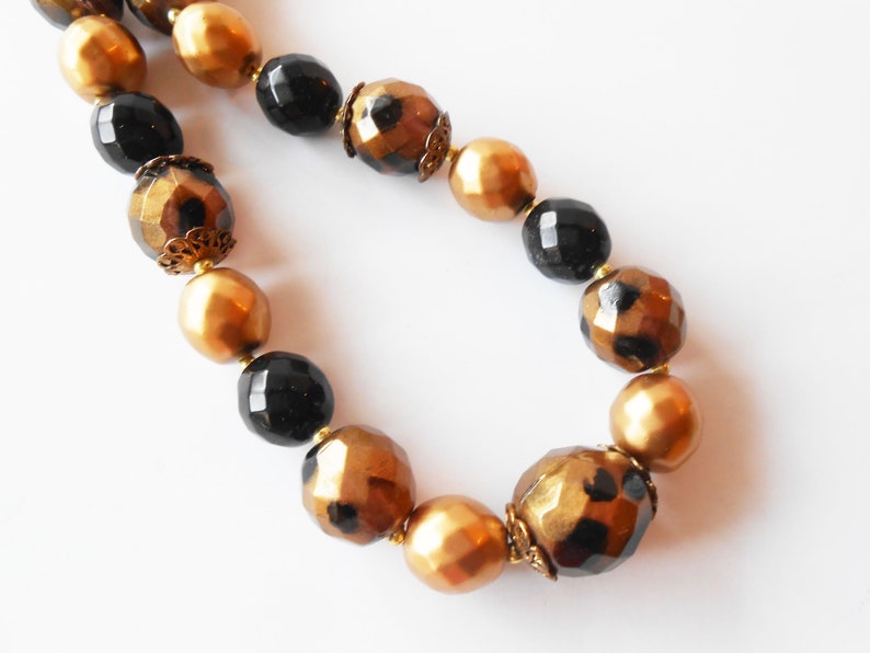 Vintage Gold Black Bead Necklace Glamorous Necklace Single Strand