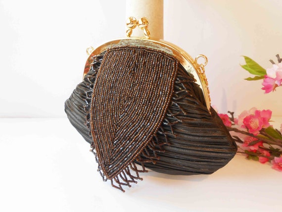 Brown Beaded Evening Bag, Small Beaded Handbag, B… - image 2