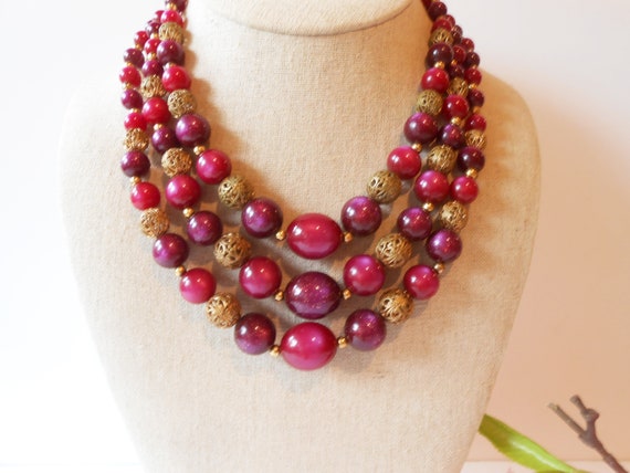 Vintage Plum Gold Bead Necklace, Jewel Tone Neckl… - image 1