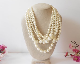 Vintage Five Strand Pearl Necklace, Statement Necklace,
