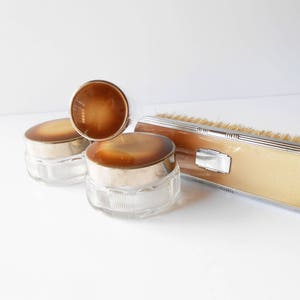 1950s Ladies Vanity Set, Glass Dresser Jars, Silvertone Trim image 4