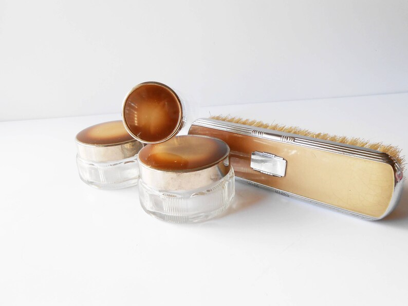 1950s Ladies Vanity Set, Glass Dresser Jars, Silvertone Trim image 4