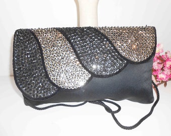 Vintage Black Beaded Evening Clutch, Old Hollywood Glamour