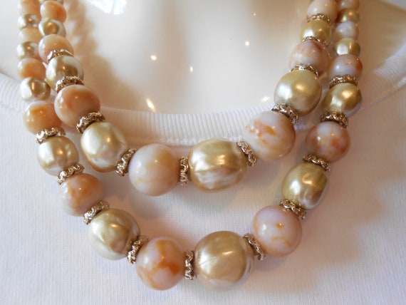 Pearl Bead Necklace, Pastel Marble Bead Accents, … - image 4