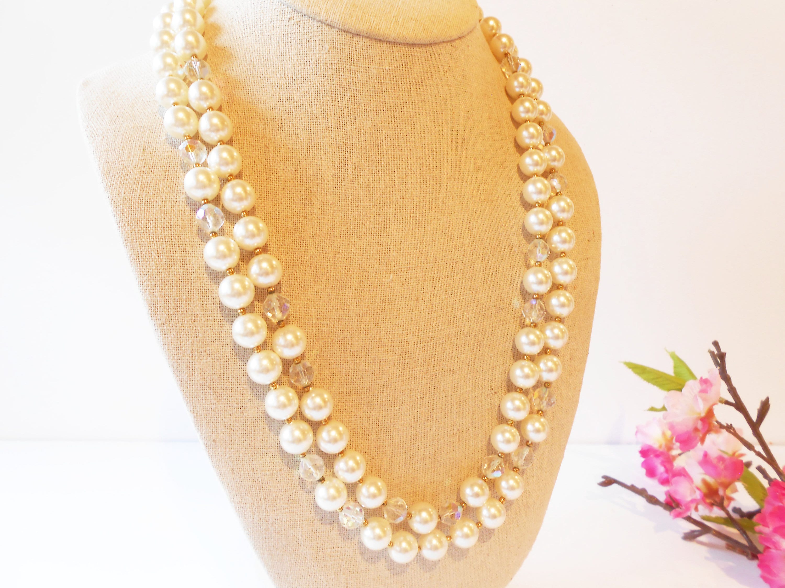 ★VINTAGE HOLLYWOOD★ Pearl n Crystal Beads Necklace_VH24NNN Vintage Pearl Necklace, Pearl and Clear Faceted Beads