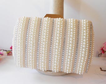 Vintage Pearl Rhinestone Wedding Purse, Pearl Bead Clutch EB-0535
