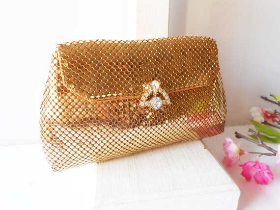 Vintage Gold Mesh Evening Bag Makeup Bag Hand Made Hong Kong Gold Clutch Glamour