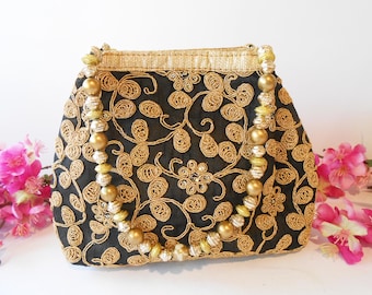 Black Taffeta Evening Bag, Gold Metallic Threading, Beaded Strap