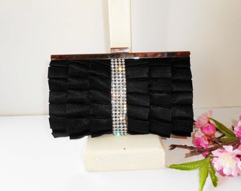 Vintage Rhinestone Taffeta Clutch, Black Evening Bag