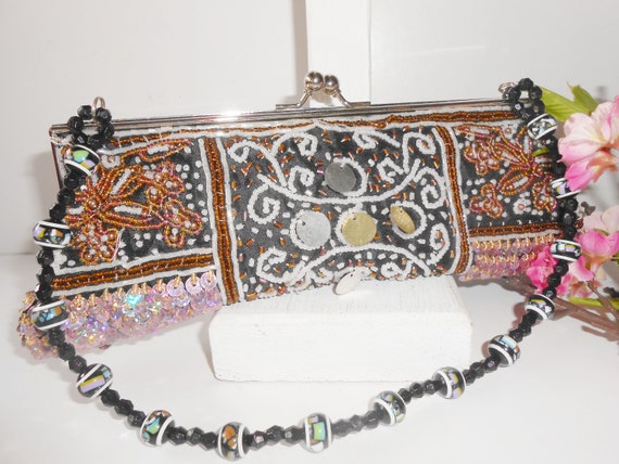 Vintage Black Beaded Evening Bag, Beaded Clutch B… - image 5