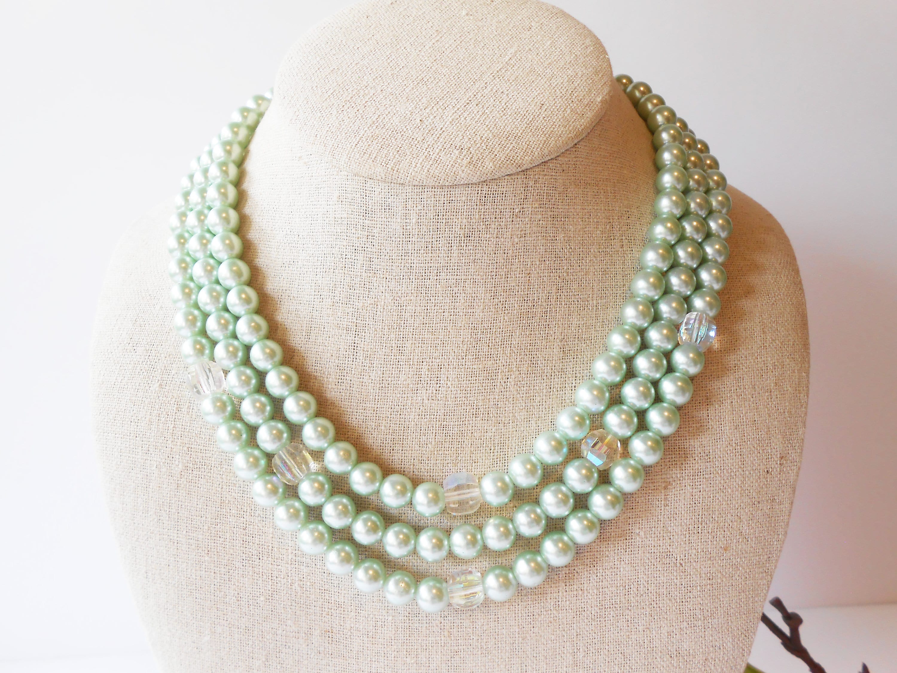 Vintage Mint Green Pearl Necklace, Rhinestone Clasp, Triple Strand