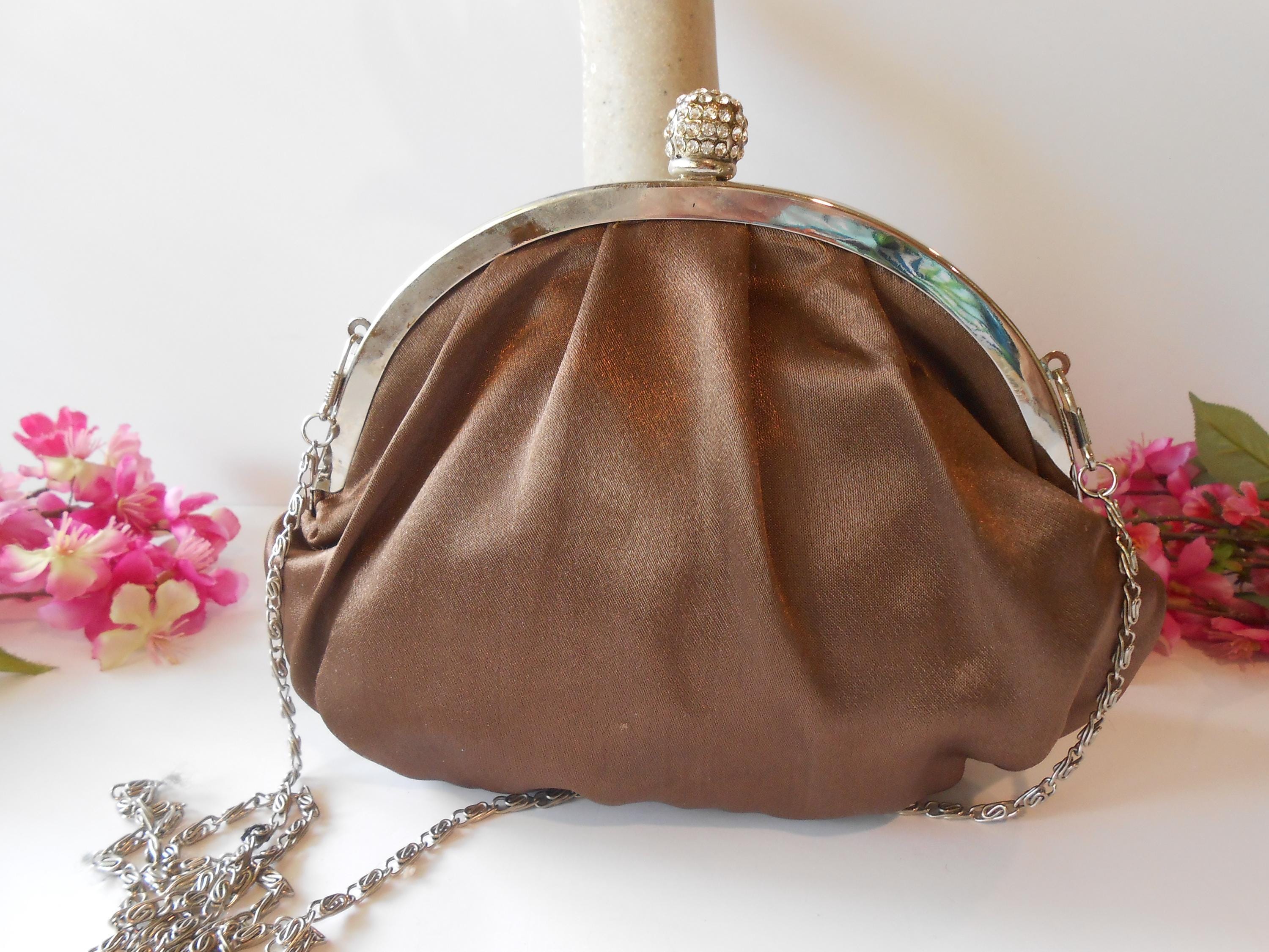 Brown Taffeta Evening Bag: Rhinestone Flower Clutch 