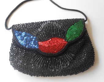 Vintage Black Beaded Clutch Handbag, Sparkly Evening Bag