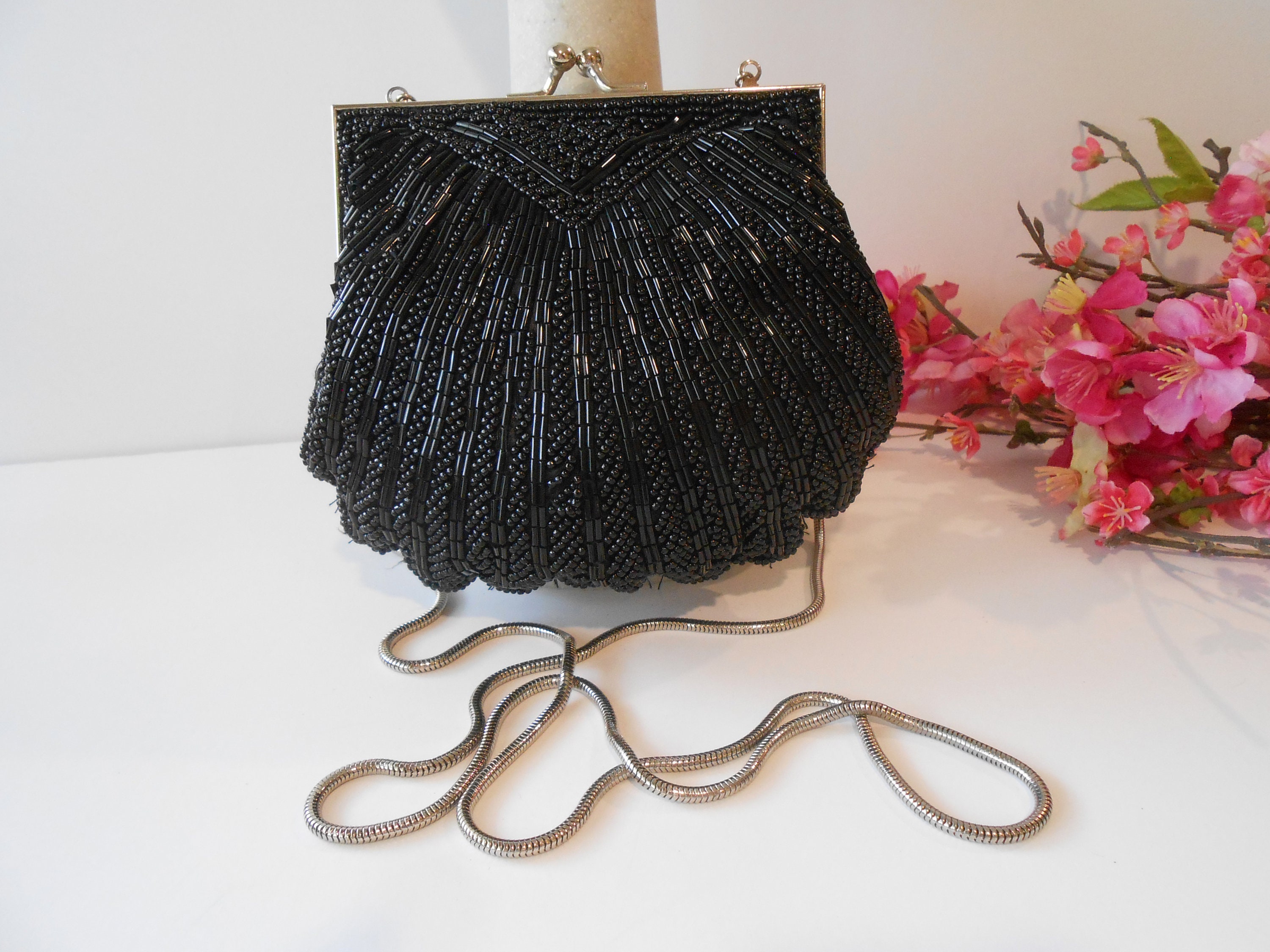 Vintage Black Bead Evening Bag, Glamorous Clamshell Design, Black Beaded Clutch Bag, After Five Purse EB-0535