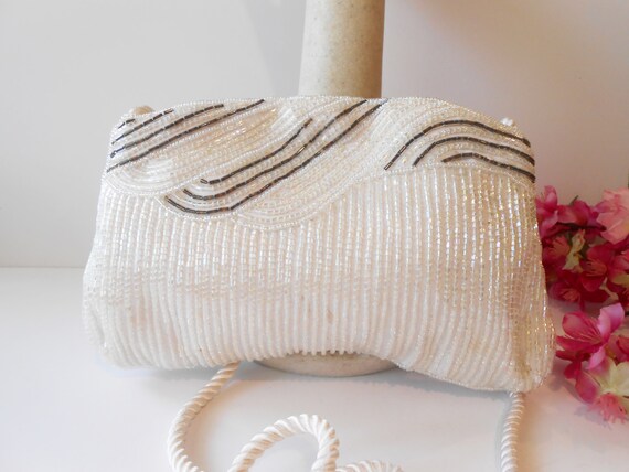 Vintage Iridescent Beaded Wedding Bag, Sparkly Wh… - image 4