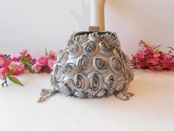 Grey Taffeta Evening Bag Rhinestones, Floral Desi… - image 1