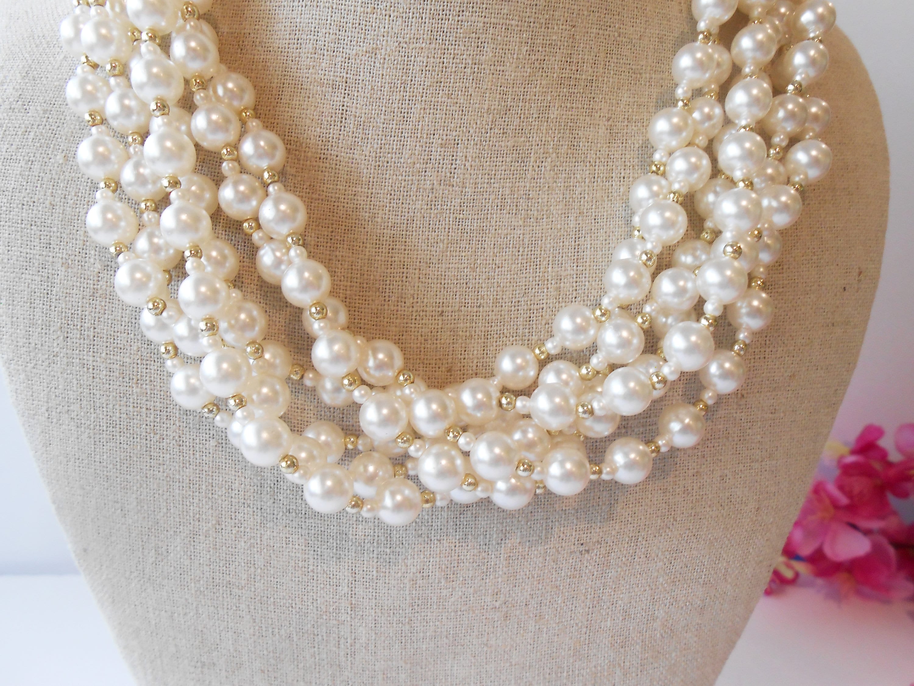Faux Pearl Multi Strand Necklace, Gold Bead Accent - Etsy