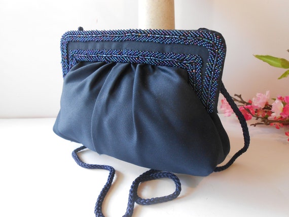 Vintage Blue Beaded Handbag, Blue Bead Clutch Pur… - image 3