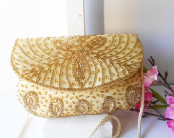 Vintage Gold Beaded Evening Bag, Beaded Clutch EB-0755