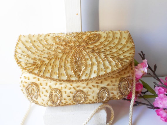 Vintage Gold Beaded Evening Bag, Beaded Clutch EB… - image 1