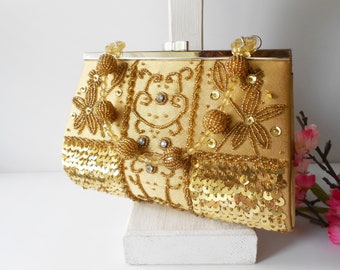 Vintage Gold Beaded Evening Bag, Glamorous Beaded Sequin Handbag, Special Occasion Bag EB-0548